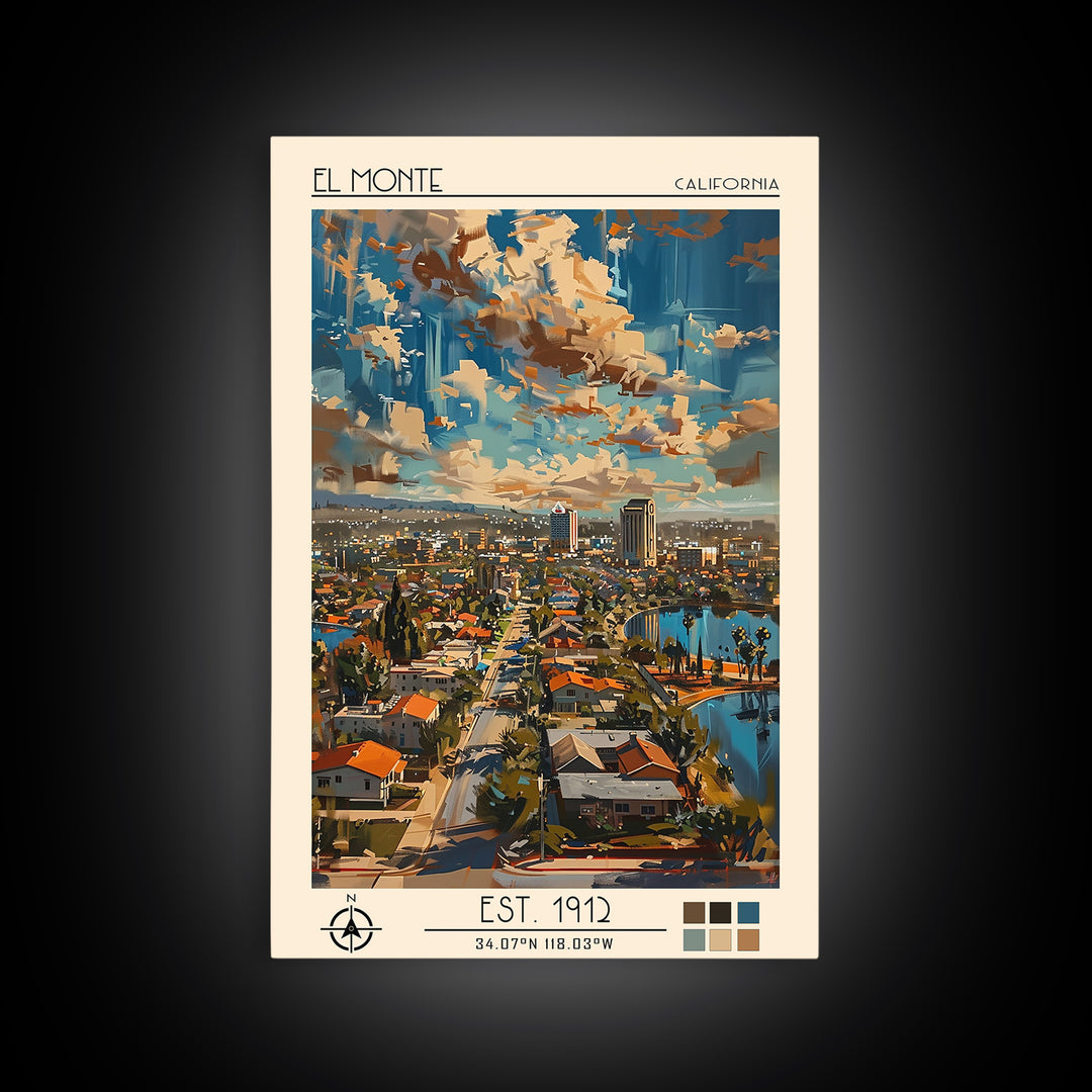 El Monte Travel Poster, Framed Canvas Print, Retro Wall Art, Travel Print, Modern Wall Decor, Watercolor Cityscape, Travel Art Print