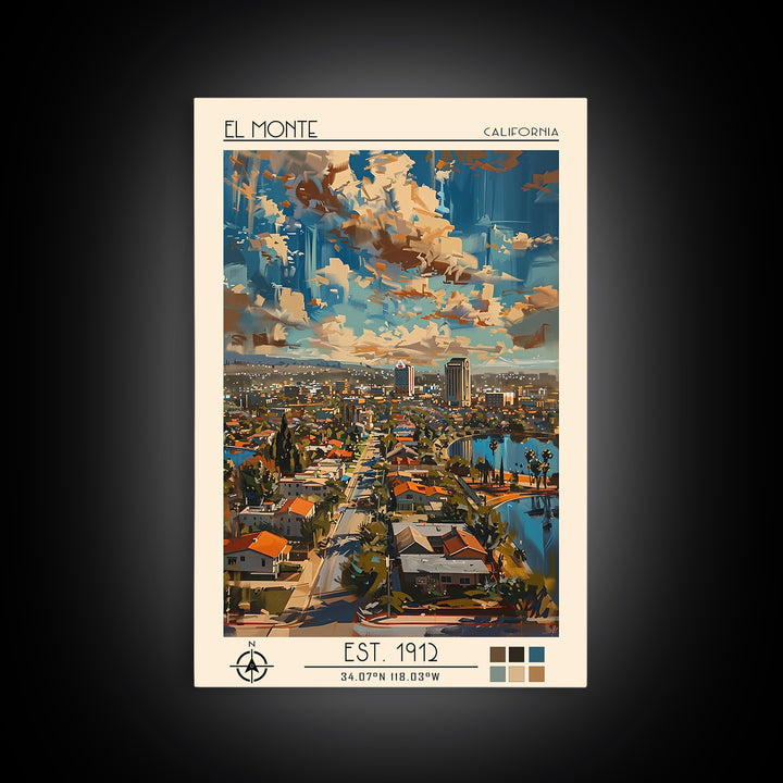El Monte Travel Poster, Framed Canvas Print, Retro Wall Art, Travel Print, Modern Wall Decor, Watercolor Cityscape, Travel Art Print