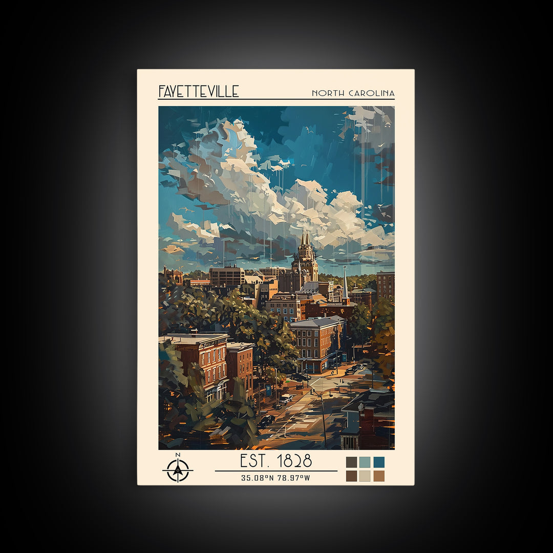 Fayetteville Travel Poster, Framed Canvas Print, Travel Wall Art, City Wall Art, Vintage Posters, Retro Wall Art, Vintage Travel Art