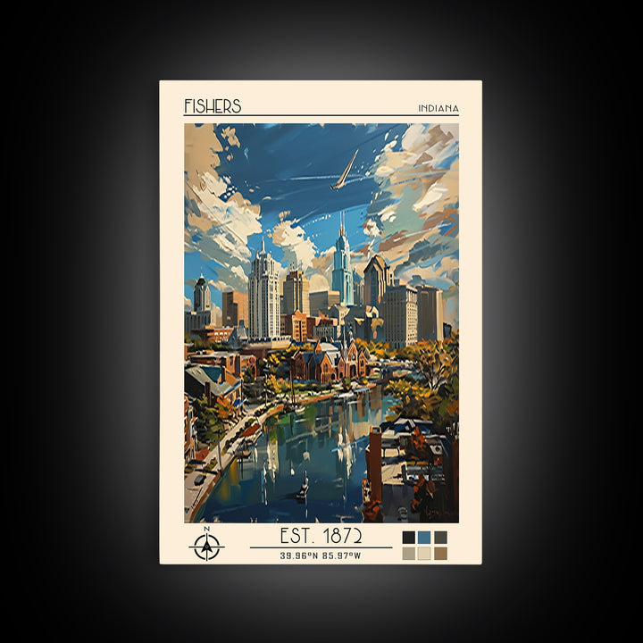Fishers Travel Poster, Canvas Print, City Travel Poster, Travel Wall Art, Watercolor Cityscape, Gallery Wall Set, Retro Travel Print