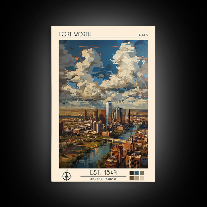 Fort Worth Travel Poster, Framed Canvas Print, Travel Prints, Landscape Art, City Art Print, Vintage Travel Art, Vintage City Poster