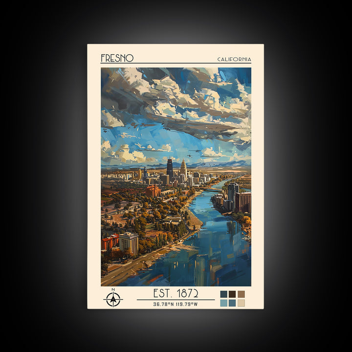 Fresno Travel Poster, Framed Canvas Print, Travel Art Print, Modern Wall Decor, Watercolor Cityscape, Fine Art Print, Retro Wall Art