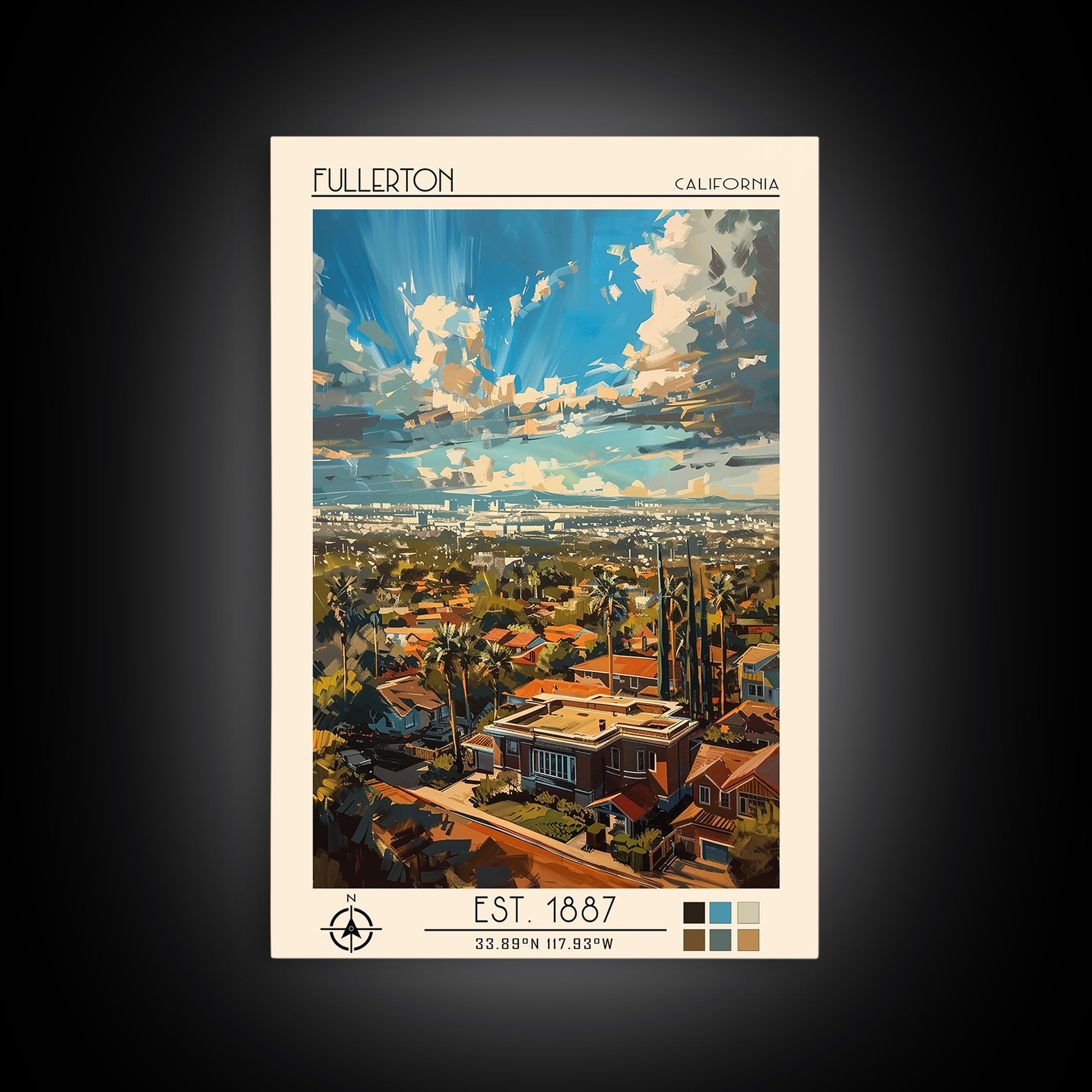 Fullerton Travel Poster, Framed Canvas Print, City Travel Poster, Travel Wall Art, Home Office Decor, Travel Prints, Wanderlust Gift