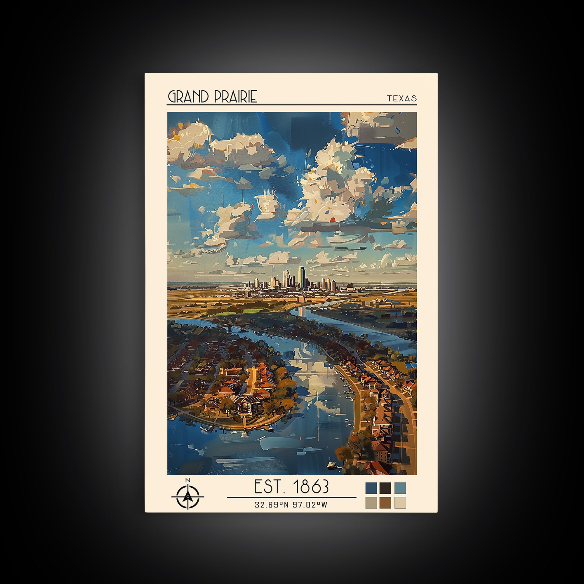 Grand Prairie Travel Poster, Framed Canvas Print, Travel Wall Art, City Wall Art, Retro Travel Print, Travel Prints, Vintage Posters