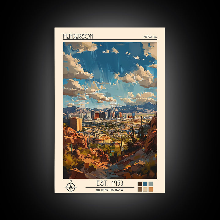 Henderson Travel Poster, Framed Canvas Print, City Art Print, Travel Wall Art, City Illustration, City Travel Poster, Vintage Poster