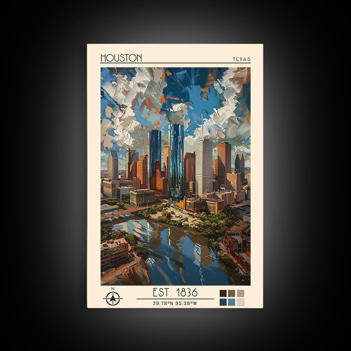 Houston Travel Poster, Framed Canvas Print, Poster Print, Travel Wall Art, Art Print, Travel Decor, Poster Art, Living Room Wall Art