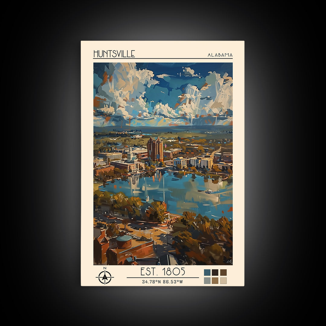Huntsville Travel Poster, Framed Canvas Print, City Art Print, Travel Wall Art, Vintage Travel Art, Travel Prints, City Illustration