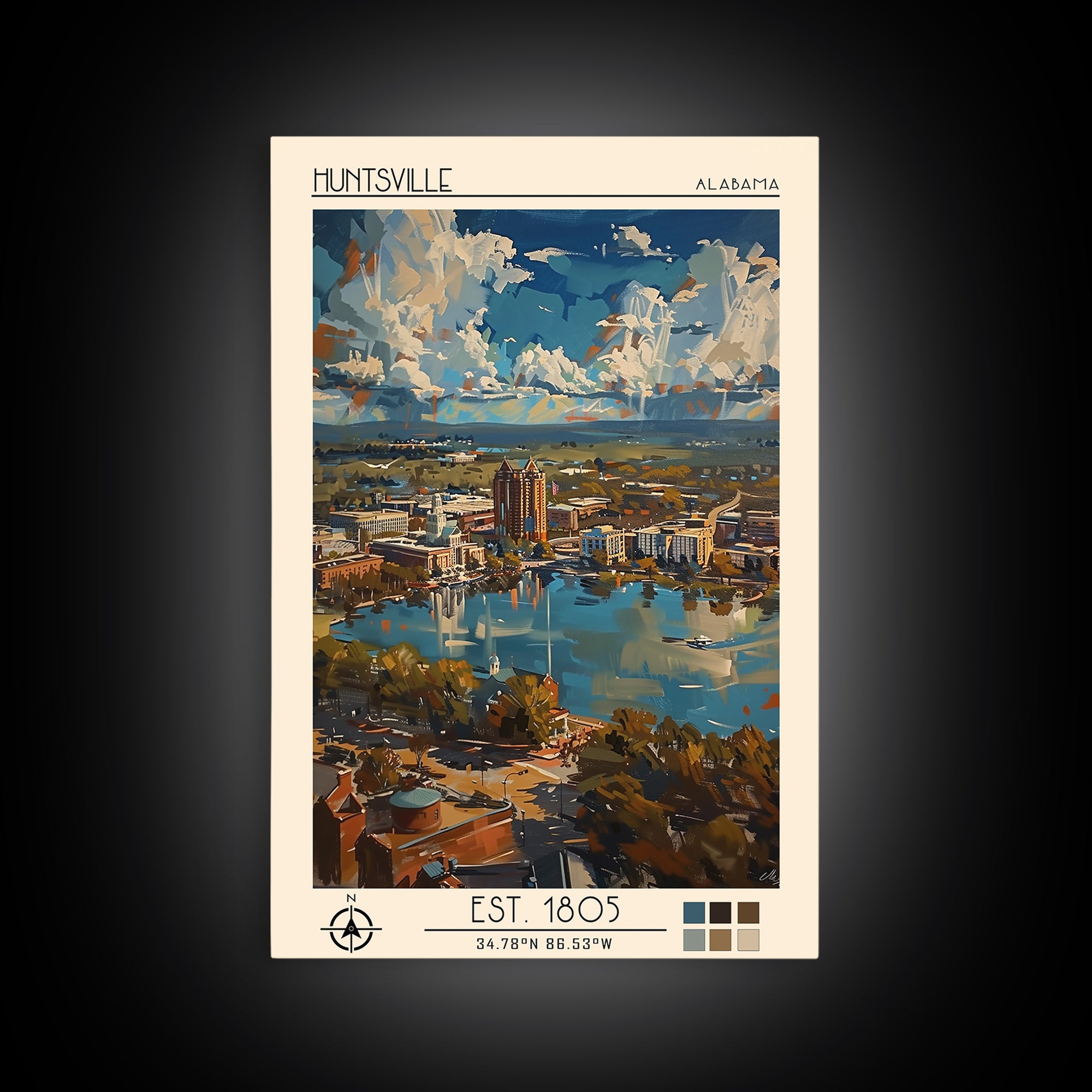 Huntsville Travel Poster, Framed Canvas Print, City Art Print, Travel Wall Art, Vintage Travel Art, Travel Prints, City Illustration