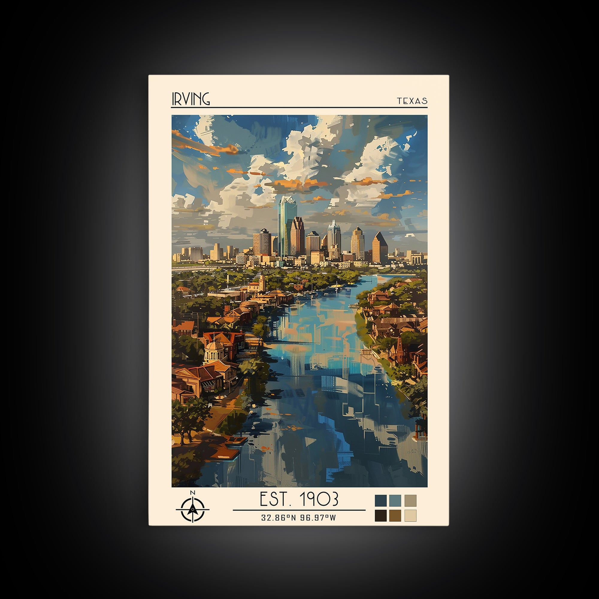 Irving Travel Poster, Framed Canvas Print, Travel Prints, Landscape Art, Retro Travel Poster, Watercolor Cityscape, Travel Art Print