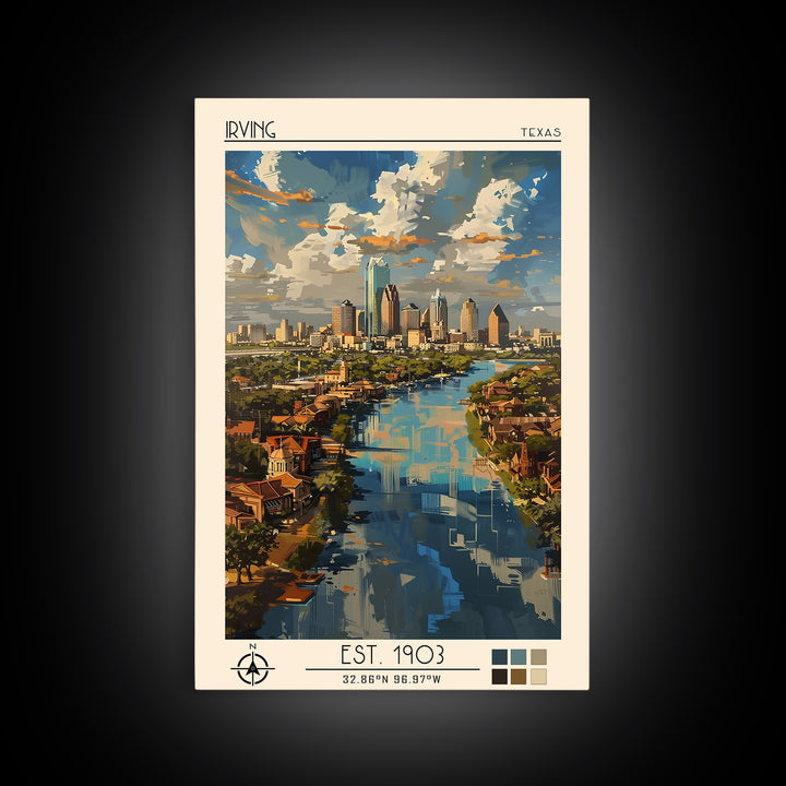 Irving Travel Poster, Framed Canvas Print, Travel Prints, Landscape Art, Retro Travel Poster, Watercolor Cityscape, Travel Art Print