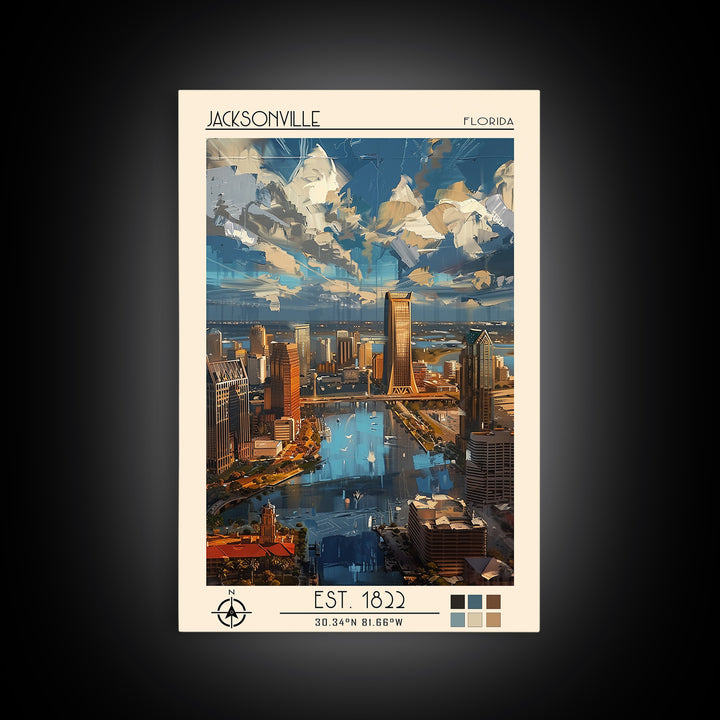 Jacksonville Travel Poster, Framed Canvas Print, Travel Prints, Landscape Art, Vintage Poster, Travel Art Print, Retro Travel Poster
