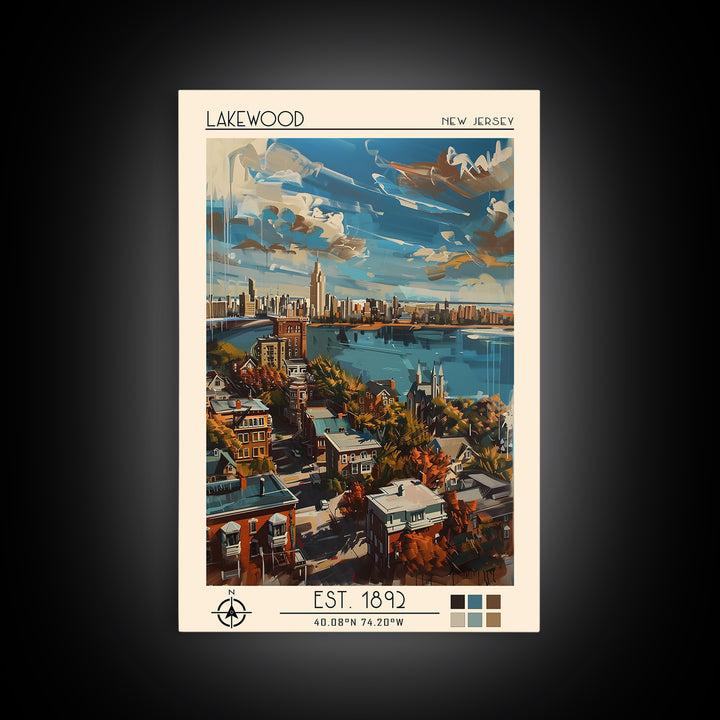 Lakewood New Jersey Travel Poster, Framed Canvas Print, City Travel Poster, Travel Wall Art, Living Room Wall Art, City Illustration
