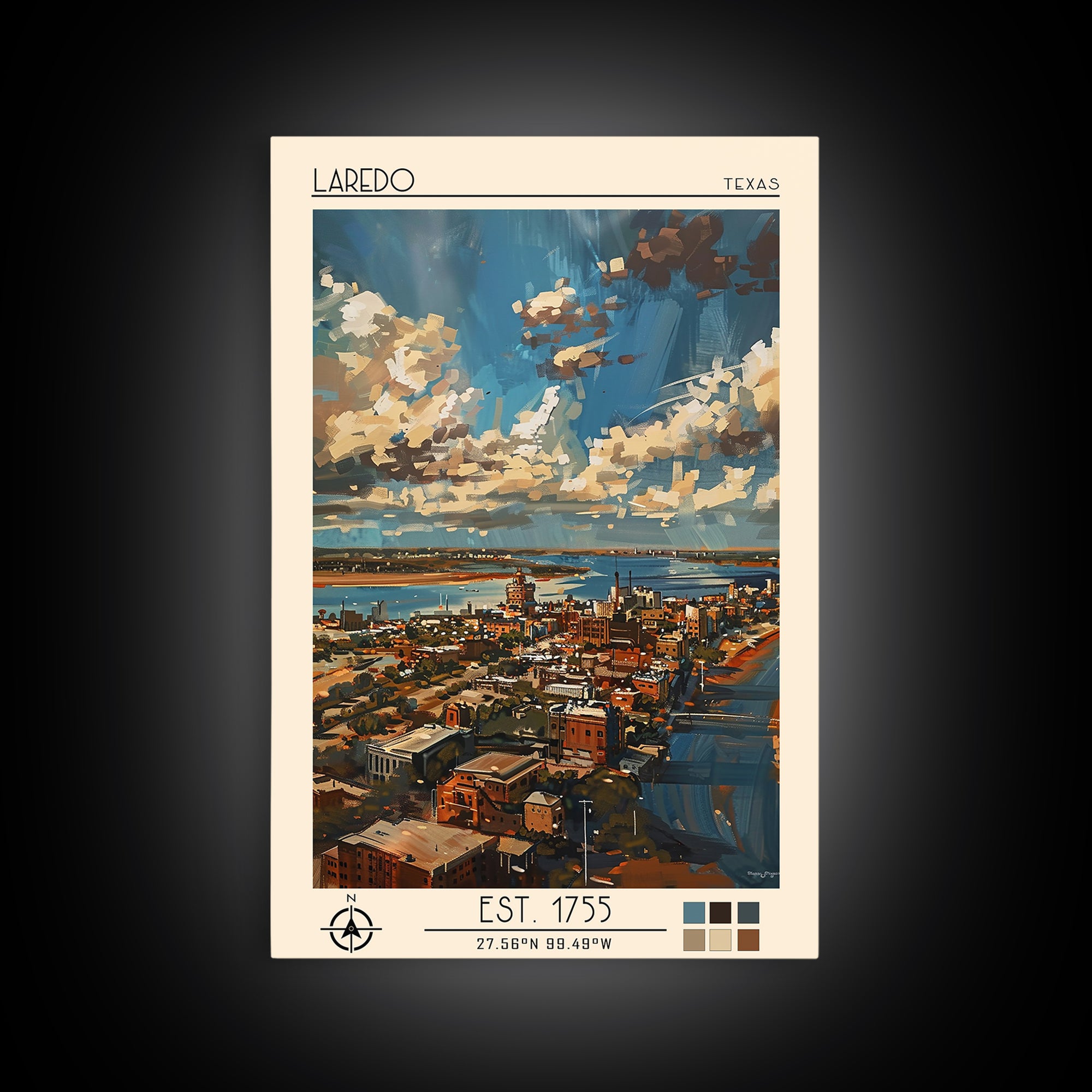 Laredo Travel Poster, Framed Canvas Print, Travel Prints, Landscape Art, Vintage Poster, Fine Art Print, City Illustration, Wall Art