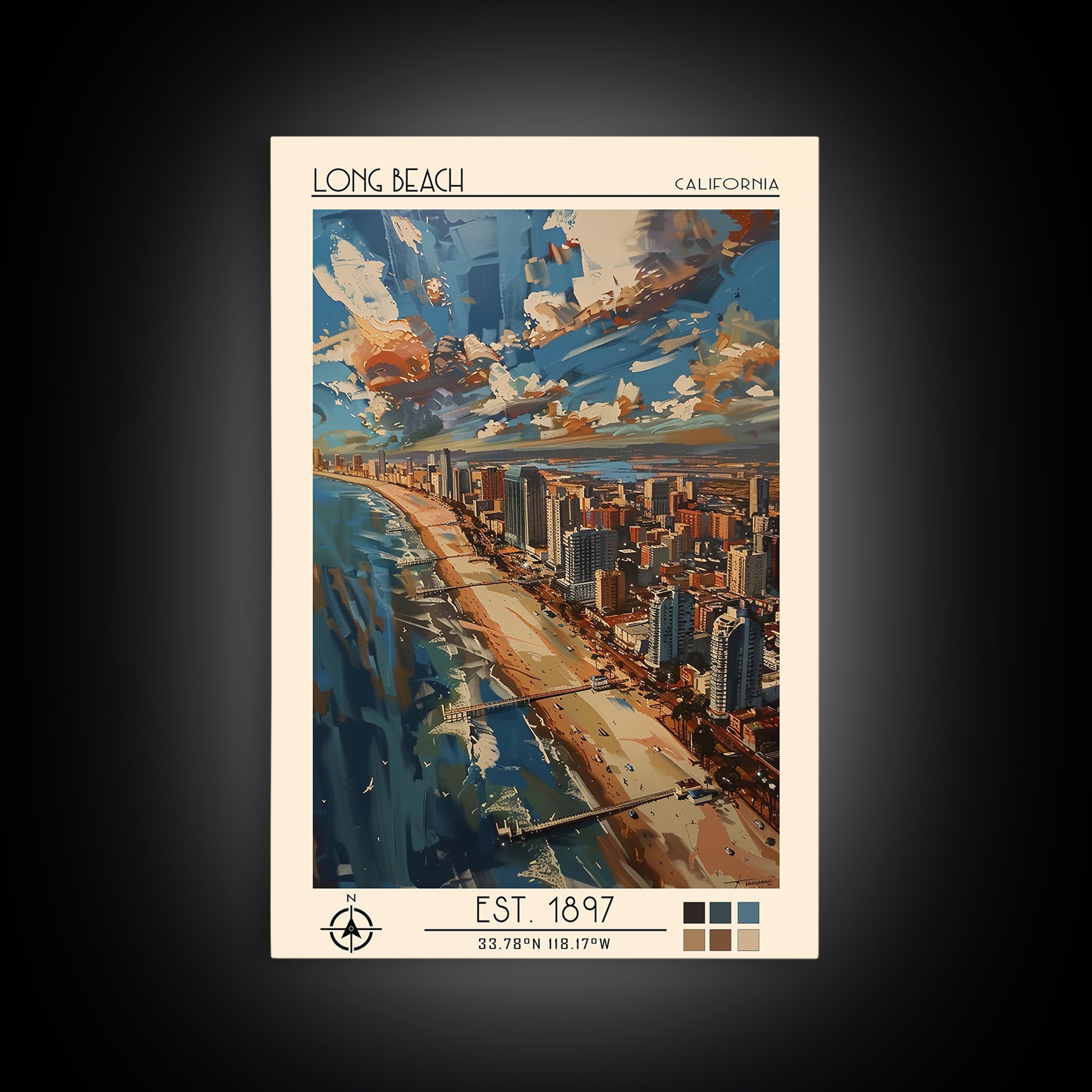 Long Beach Travel Poster, Framed Canvas Print, City Art Print, Travel Wall Art, City Travel Poster, Retro Travel Print, Poster Print
