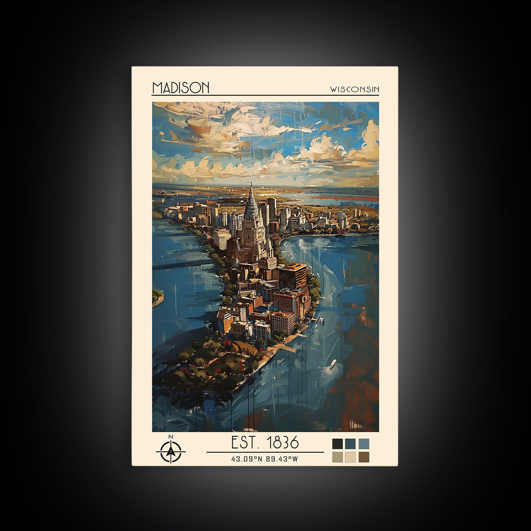 Madison Travel Poster, Framed Canvas Print, City Travel Poster, Vintage City Poster, Wall Art, Travel Posters, Art Print, Poster Art