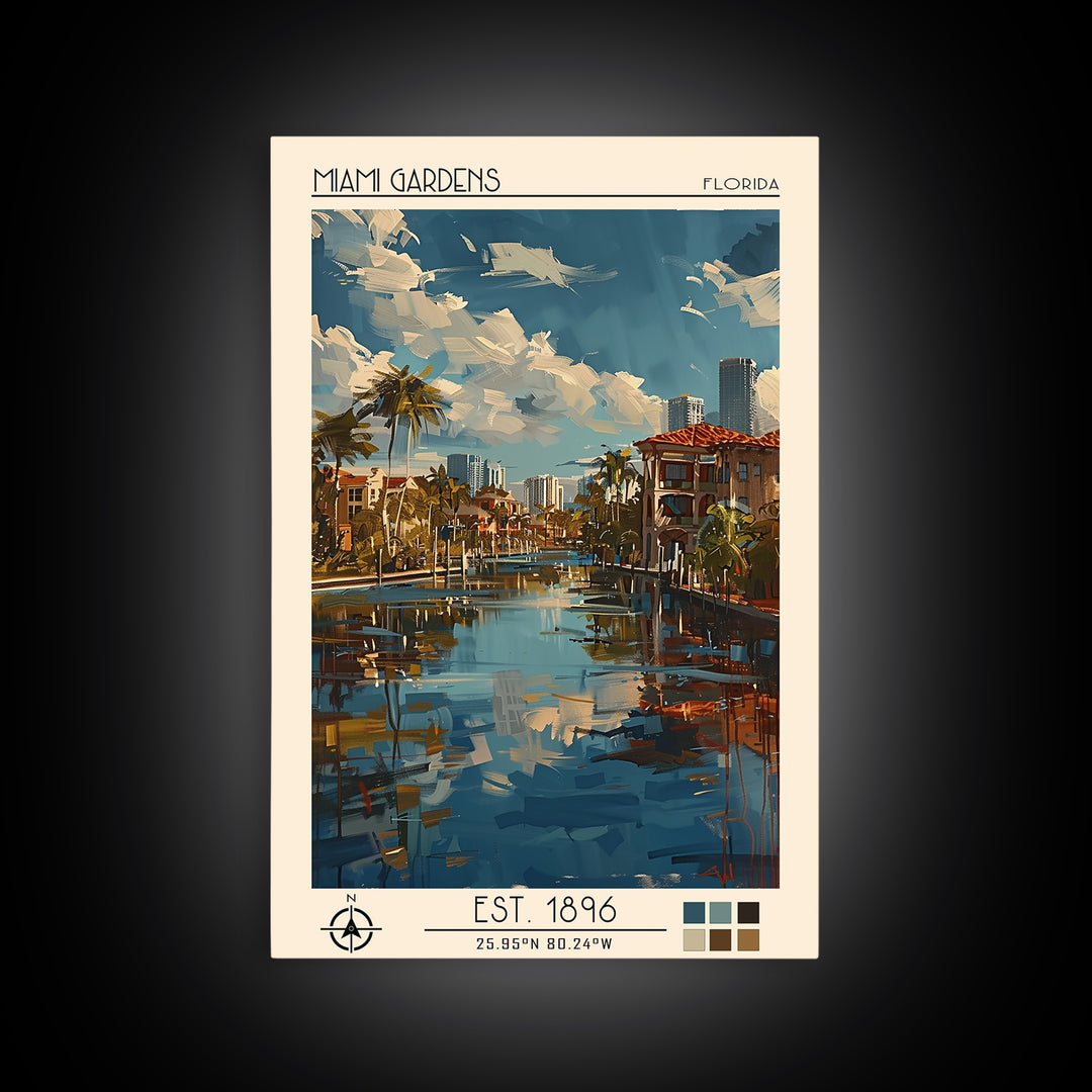 Miami Gardens Travel Poster, Framed Canvas Print, Travel Wall Art, City Wall Art, Travel Prints, Travel Art Print, Colorful Wall Art