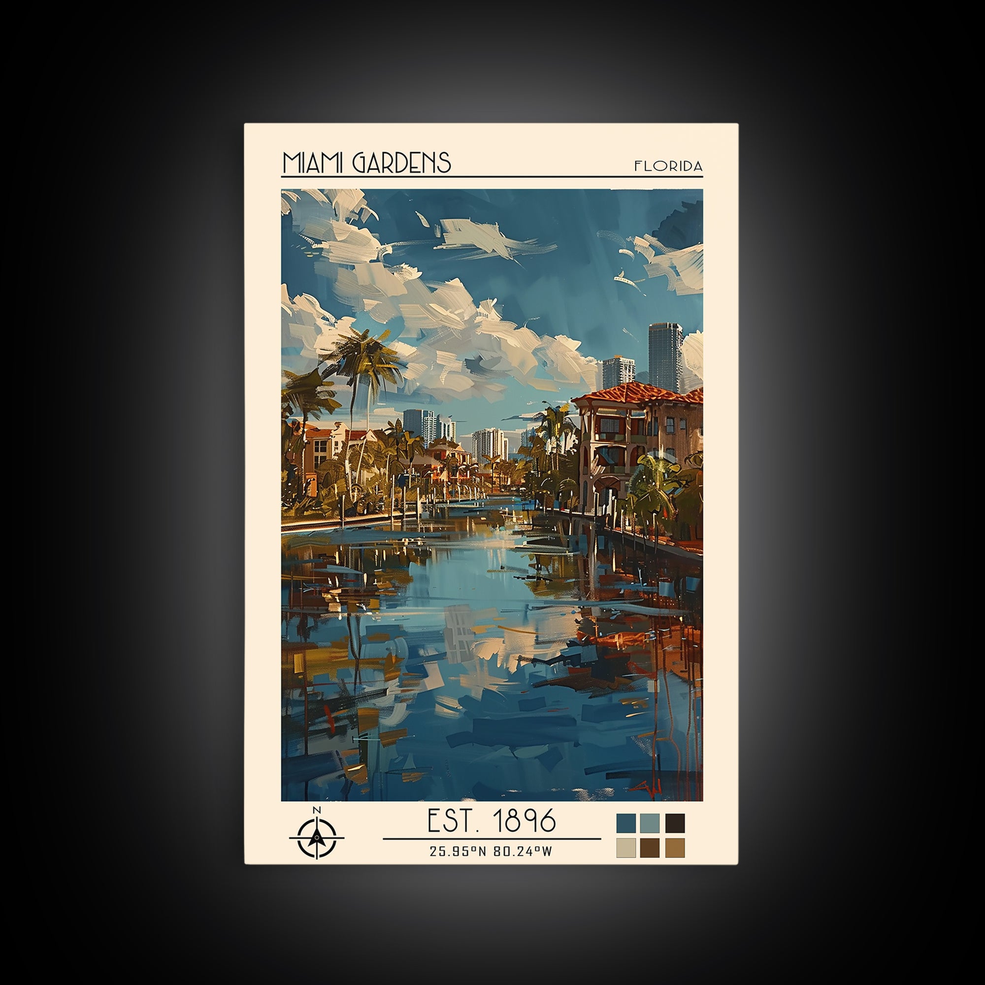 Miami Gardens Travel Poster, Framed Canvas Print, Travel Wall Art, City Wall Art, Travel Prints, Travel Art Print, Colorful Wall Art