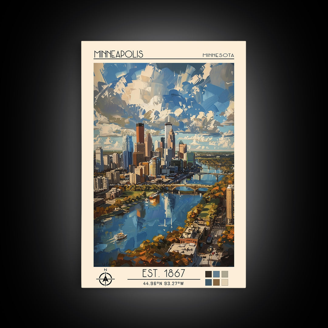 Minneapolis Travel Poster, Framed Canvas Print, Travel Wall Art, City Wall Art, City Travel Poster, Vintage Poster, Travel Art Print
