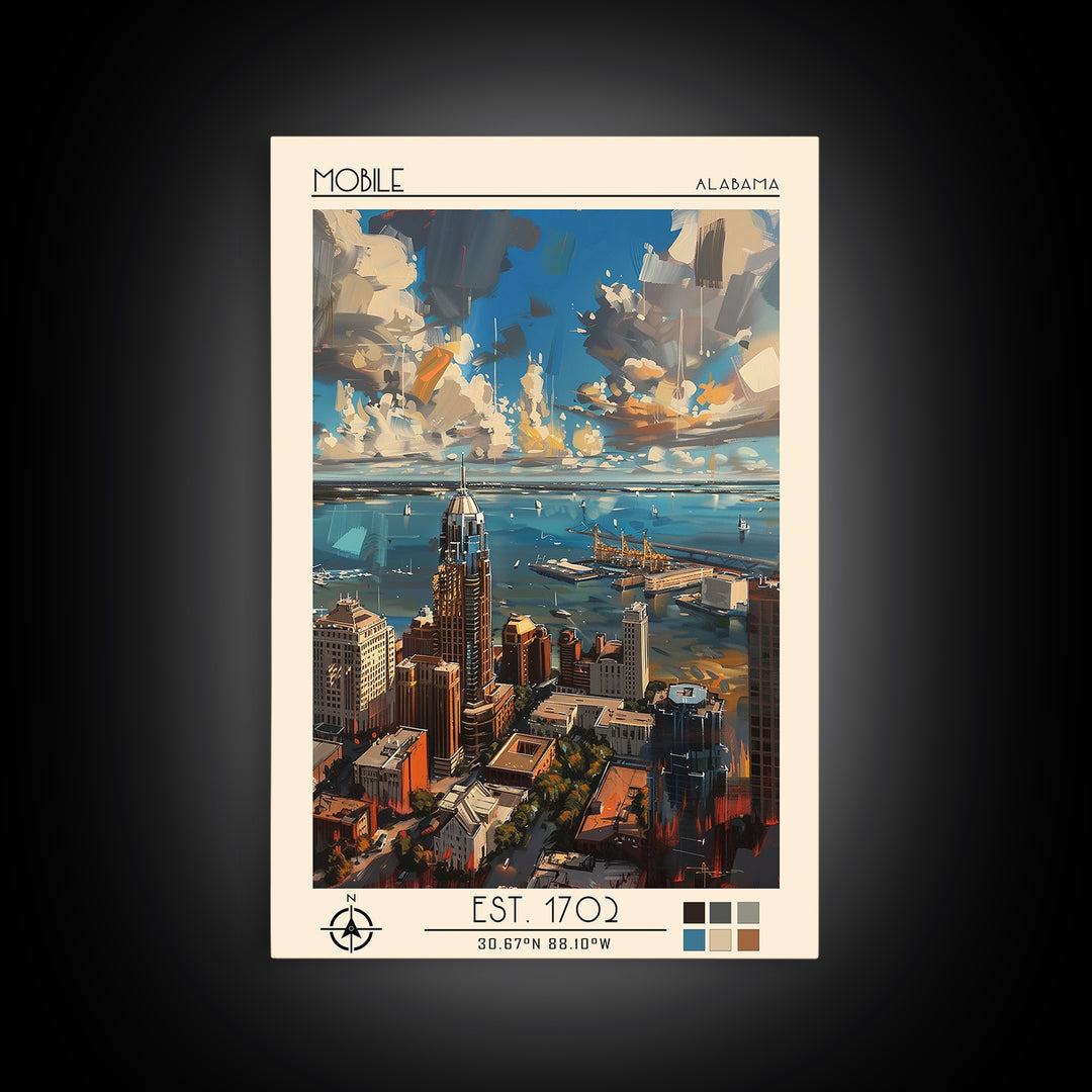 Mobile Travel Poster, Framed Canvas Print, Retro Wall Art, Travel Print, Travel Prints, Wall Art, Travel Wall Art, City Illustration