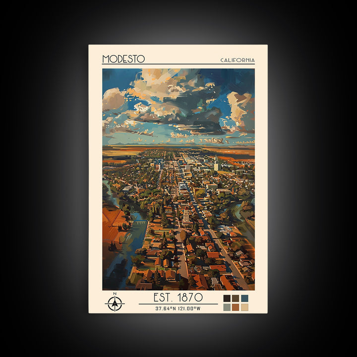 Modesto Travel Poster, Framed Canvas Print, Retro Wall Art, Travel Print, Minimalist Poster, Modern Wall Decor, Living Room Wall Art
