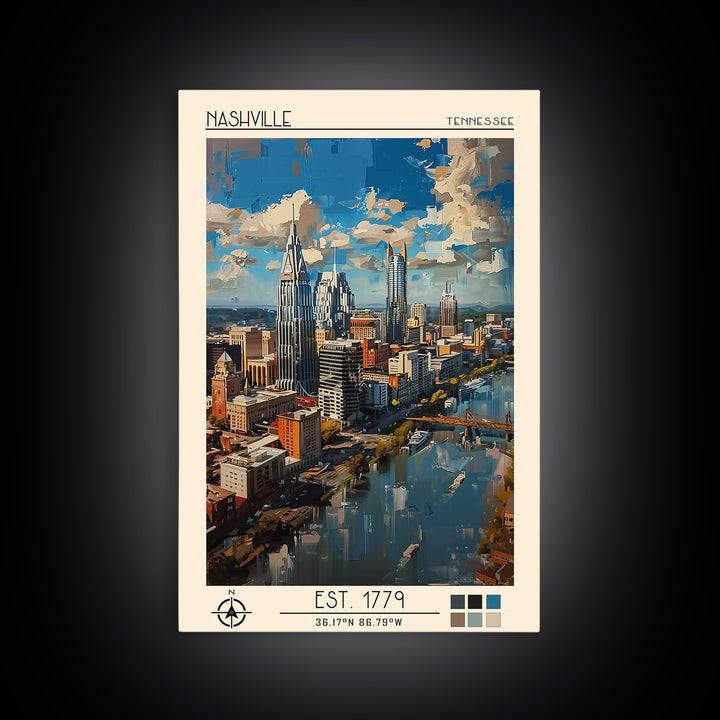 Nashville Travel Poster, Framed Canvas Print, Retro Wall Art, Travel Print, Retro Travel Print, Modern Wall Decor, Colorful Wall Art