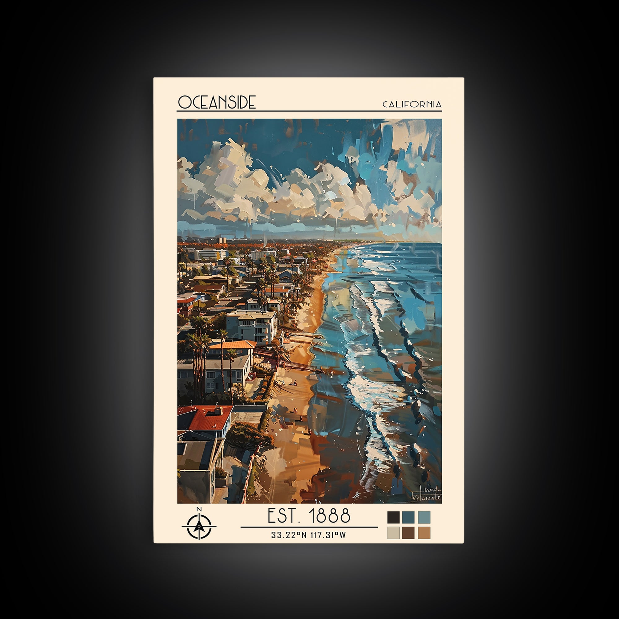 Oceanside Travel Poster, Framed Canvas Print, Retro Travel Poster, City Wall Art, Travel Decor, Retro Wall Art, Mid Century Wall Art