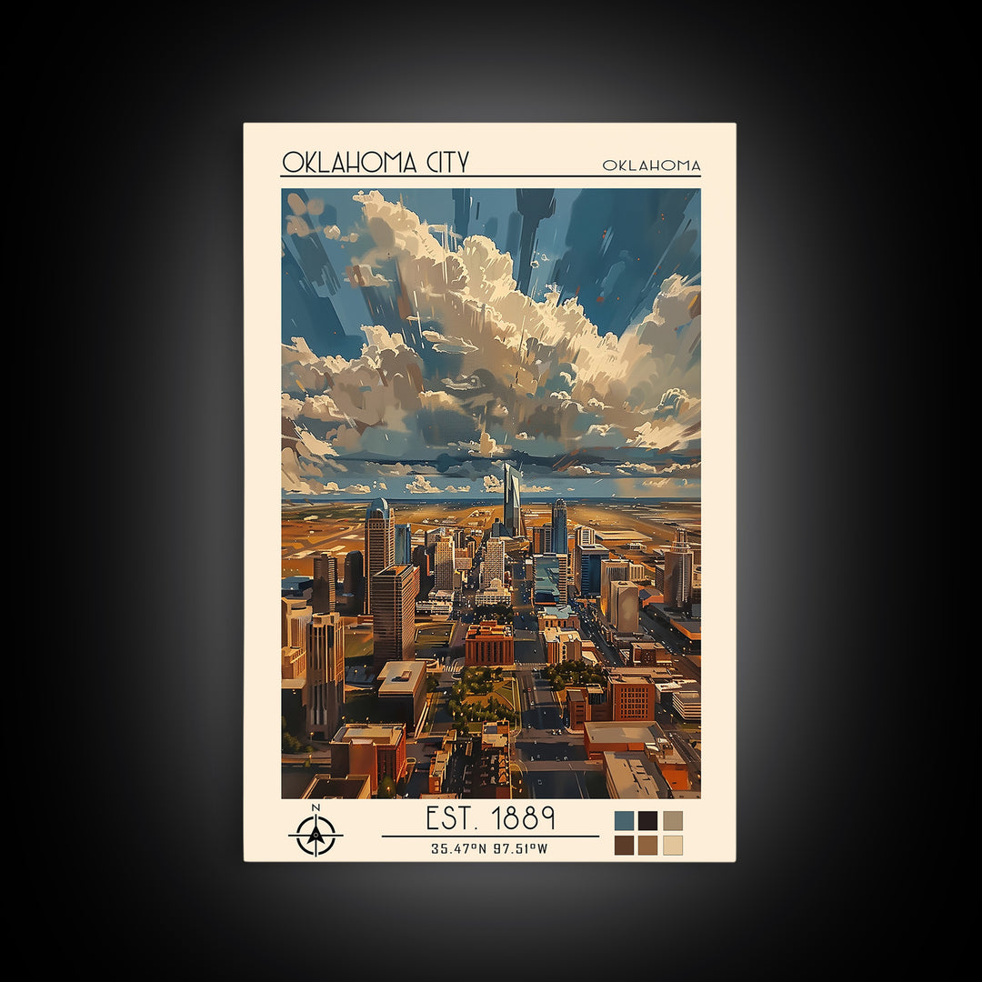 Oklahoma City Travel Poster, Framed Canvas Print, Travel Art Print, Modern Wall Decor, Retro Wall Art, Poster Print, Travel Wall Art