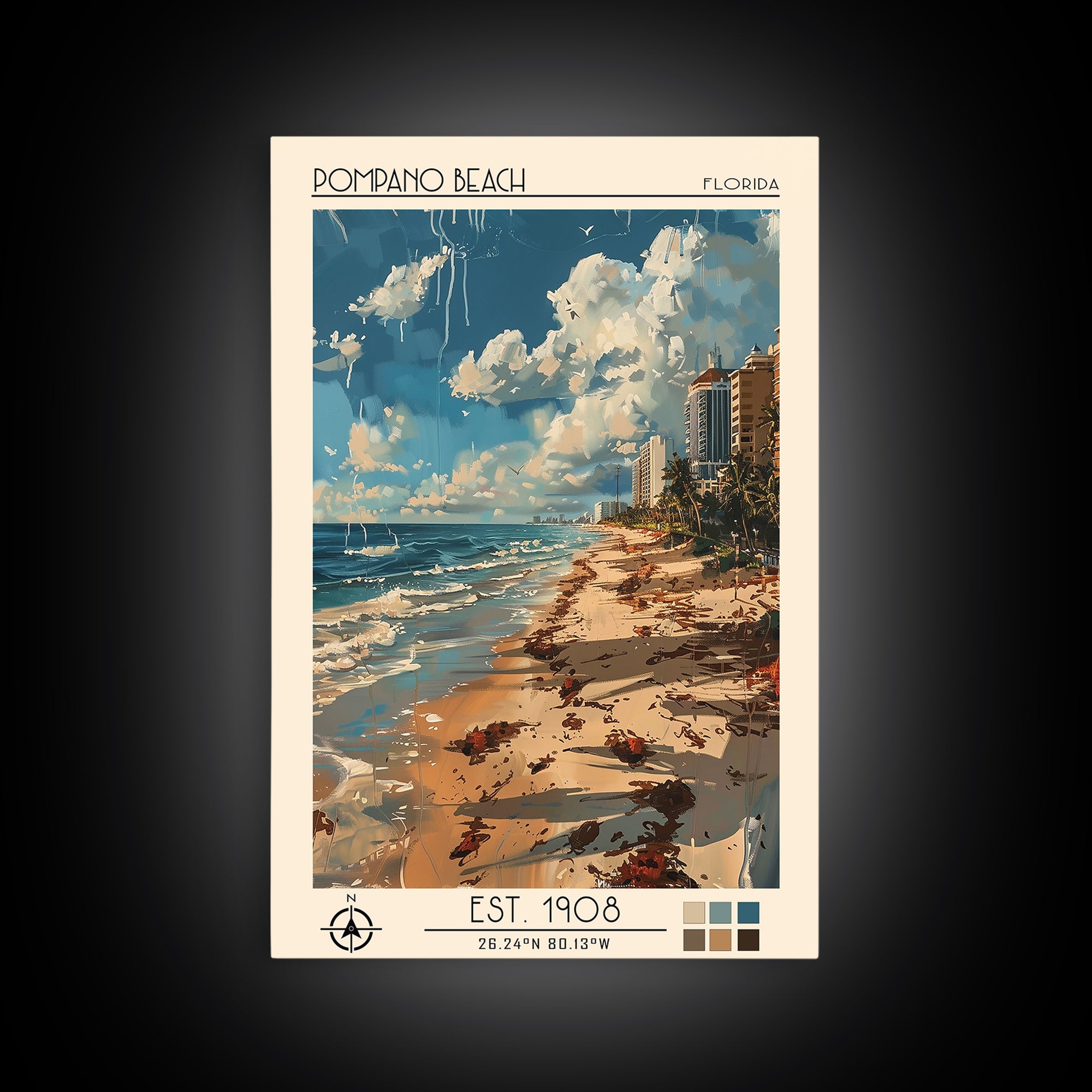 Pompano Beach Travel Poster, Canvas Print, Retro Travel Poster, City Wall Art, City Travel Poster, City Illustration, Travel Posters