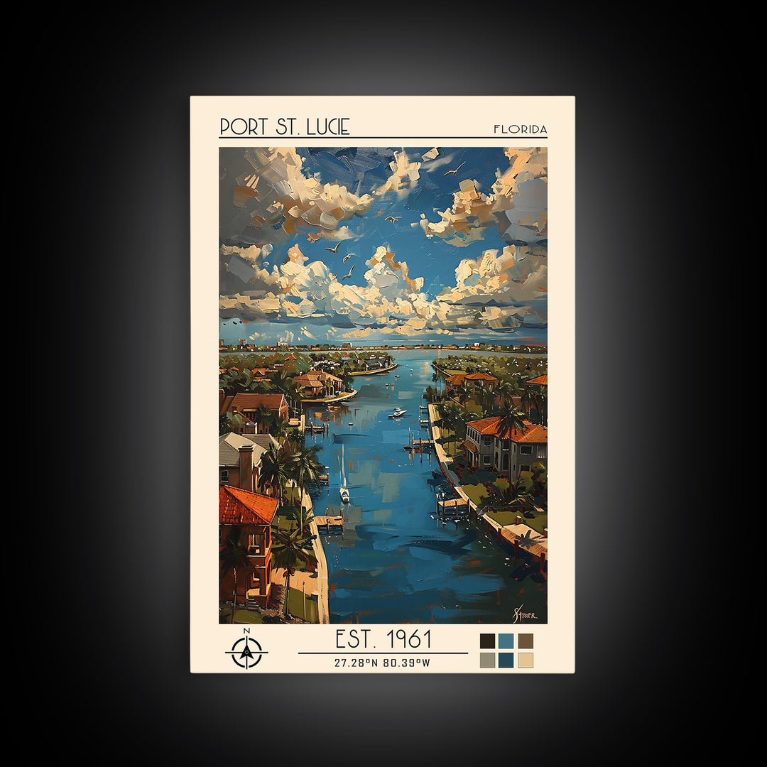 Port St Lucie Travel Poster, Framed Canvas Print, Travel Prints, Landscape Art, Travel Posters, Home Office Decor, City Illustration