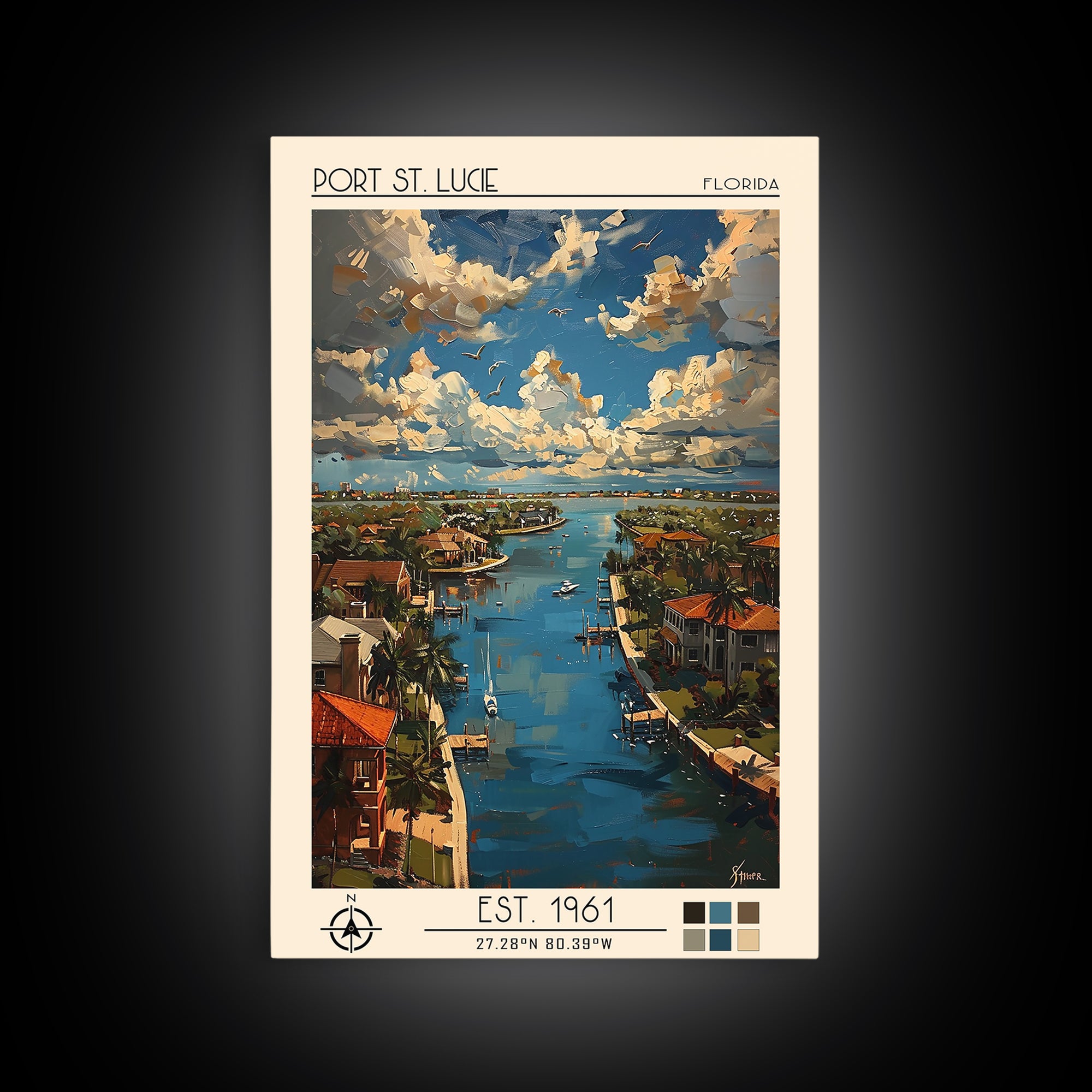 Port St Lucie Travel Poster, Framed Canvas Print, Travel Prints, Landscape Art, Travel Posters, Home Office Decor, City Illustration
