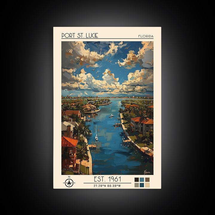 Port St Lucie Travel Poster, Framed Canvas Print, Travel Prints, Landscape Art, Travel Posters, Home Office Decor, City Illustration