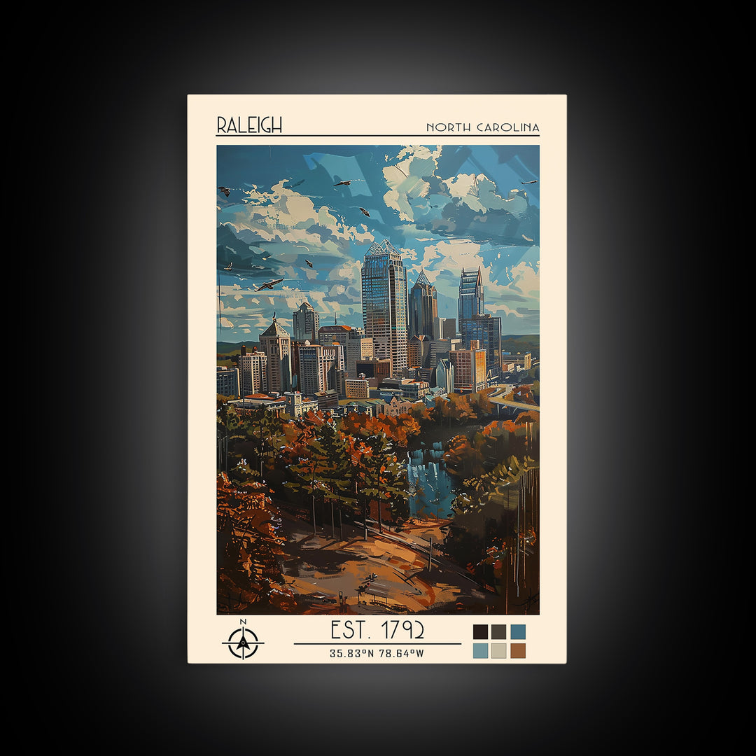 Raleigh Travel Poster, Framed Canvas Print, Retro Wall Art, Travel Print, Gallery Wall Set, Mid Century Wall Art, Vintage Travel Art