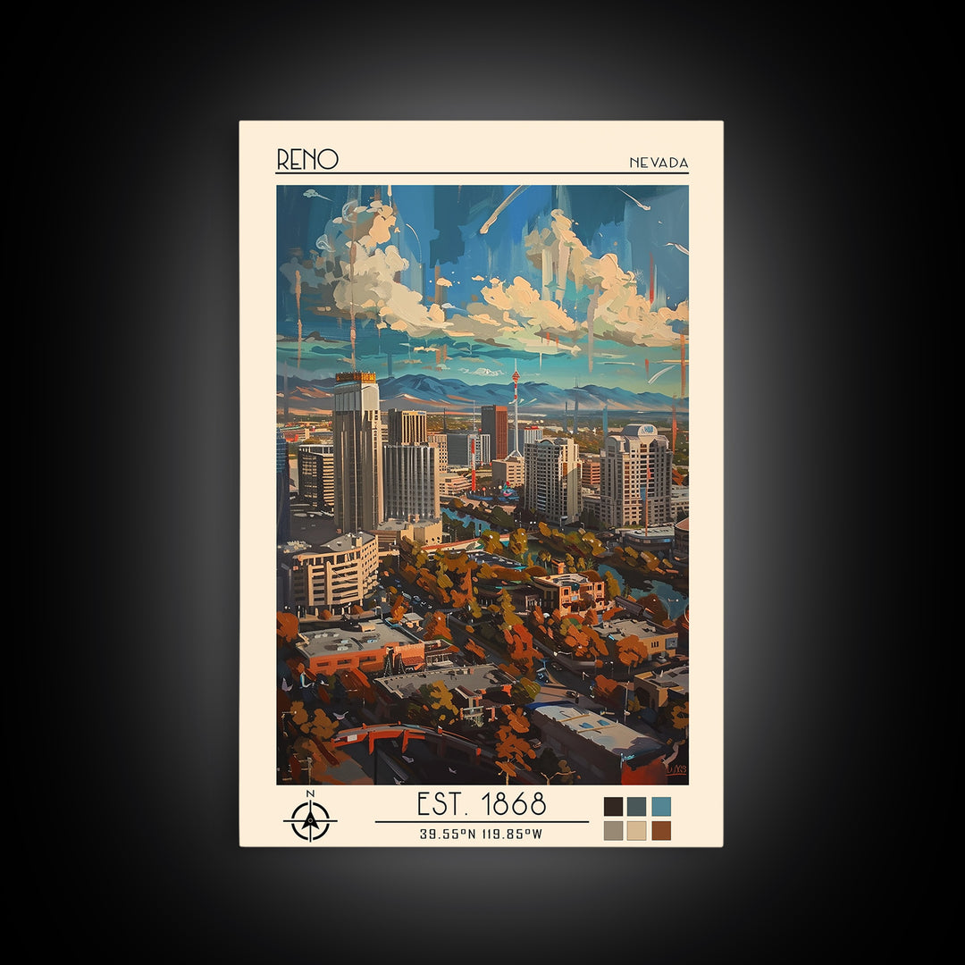 Reno Travel Poster, Framed Canvas Print, Travel Prints, Landscape Art, Home Decor, Fine Art Print, Travel Wall Decor, City Art Print