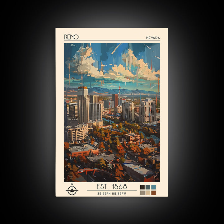 Reno Travel Poster, Framed Canvas Print, Travel Prints, Landscape Art, Home Decor, Fine Art Print, Travel Wall Decor, City Art Print