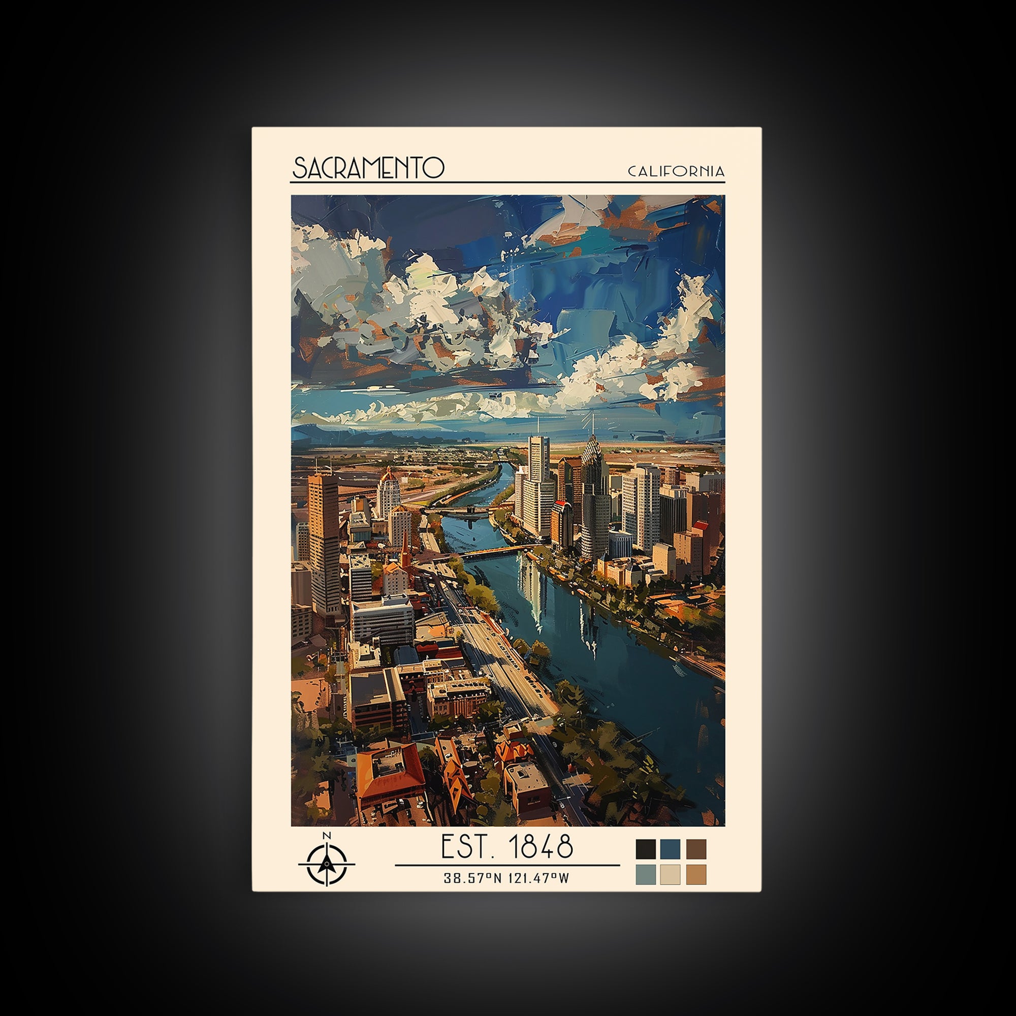 Sacramento Travel Poster, Framed Canvas Print, Travel Art Print, Modern Wall Decor, Retro Travel Print, Art Print, Colorful Wall Art