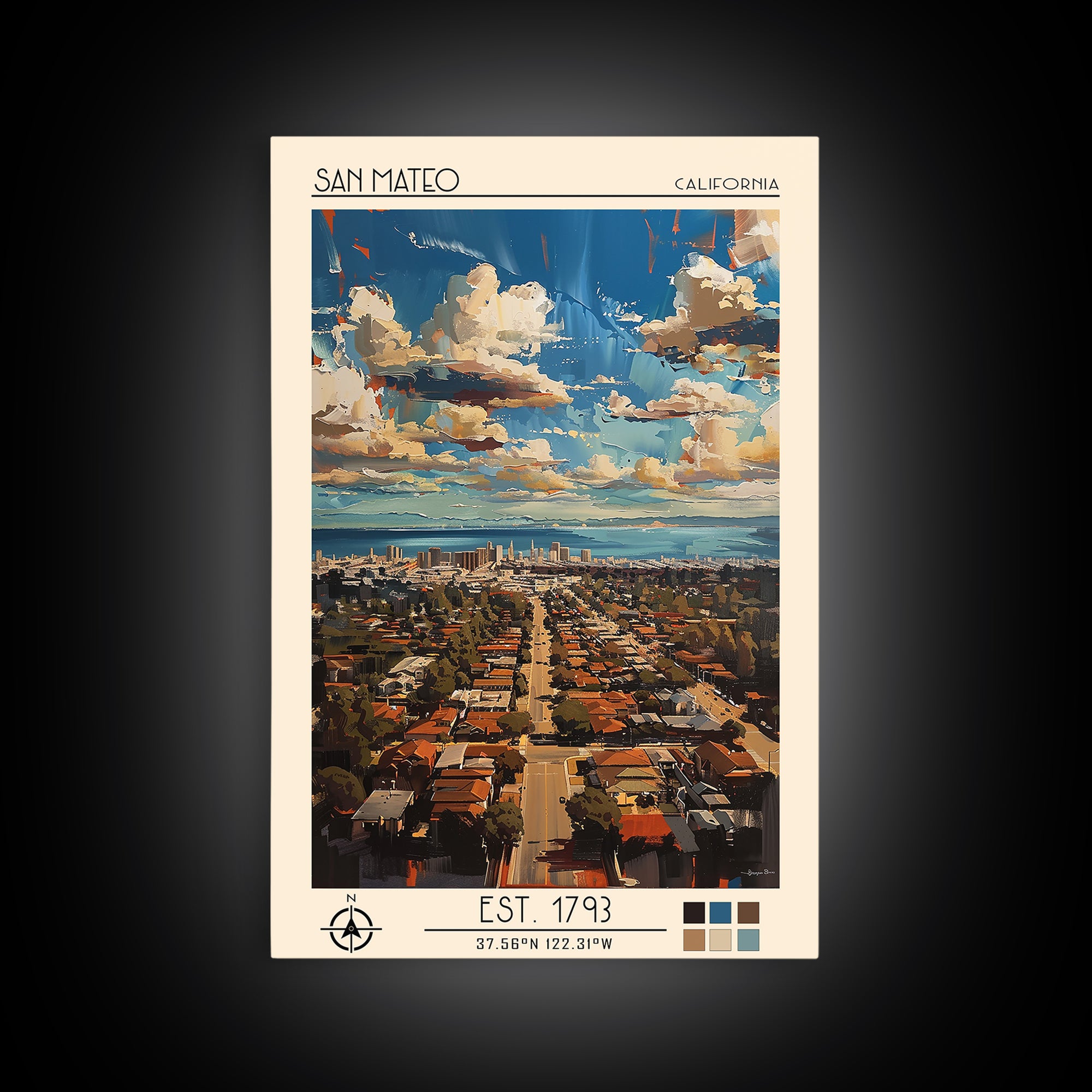 San Mateo Travel Poster, Framed Canvas Print, City Travel Poster, Travel Wall Decor, Home Decor, City Wall Art, Living Room Wall Art