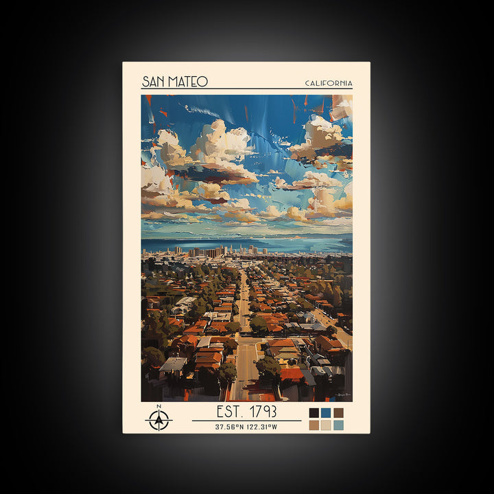 San Mateo Travel Poster, Framed Canvas Print, City Travel Poster, Travel Wall Decor, Home Decor, City Wall Art, Living Room Wall Art