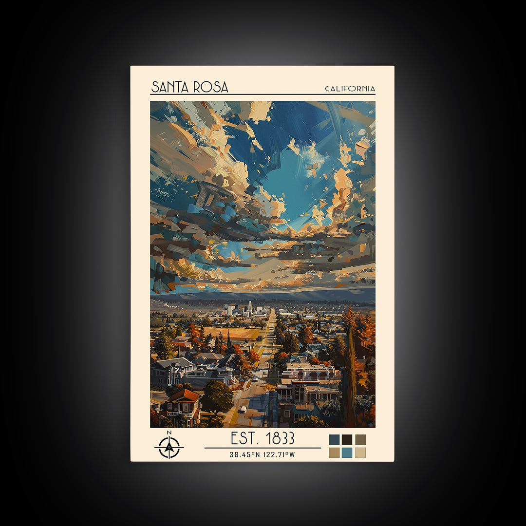 Santa Rosa Travel Poster, Framed Canvas Print, City Travel Poster, Vintage City Poster, City Wall Art, Travel Prints, Vintage Travel