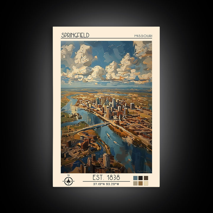 Springfield Missouri Travel Poster, Framed Canvas Print, Vintage Travel Print, City Wall Art, City Illustration, Retro Travel Poster