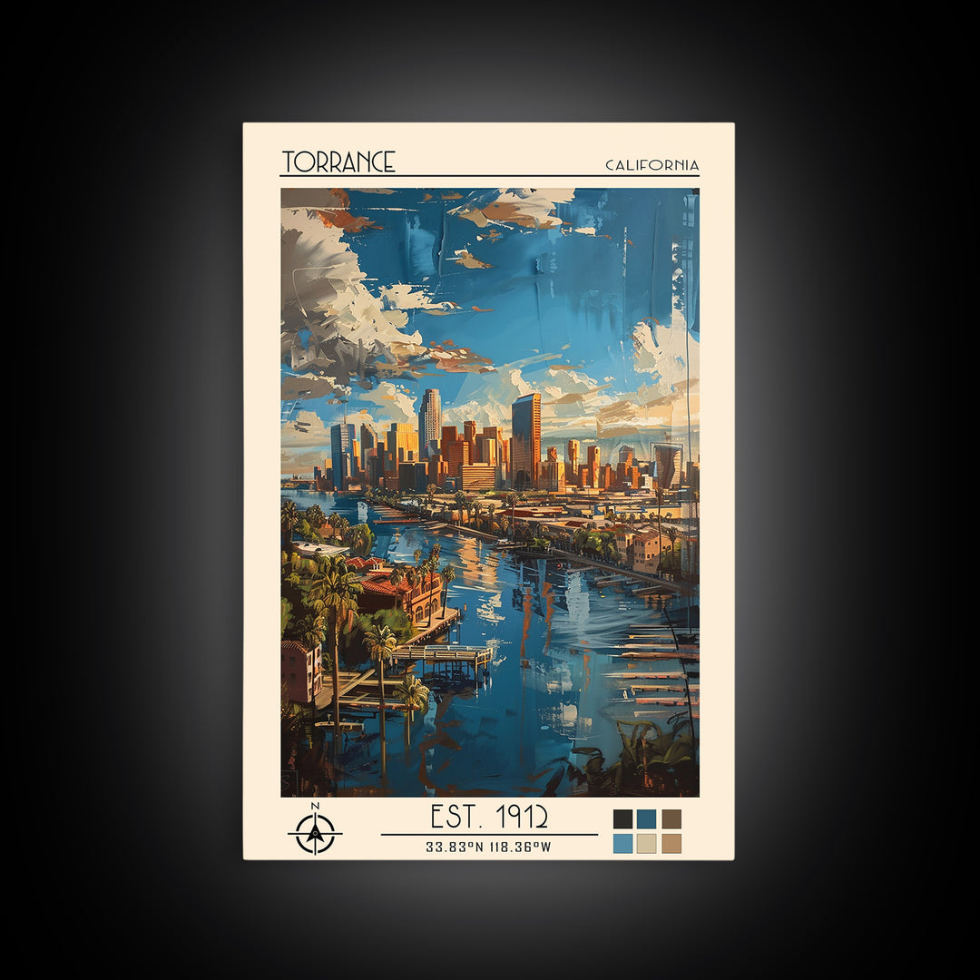 Torrance Travel Poster, Canvas Print, City Travel Poster, Travel Wall Art, Fine Art Print, Retro Travel Poster, Watercolor Cityscape