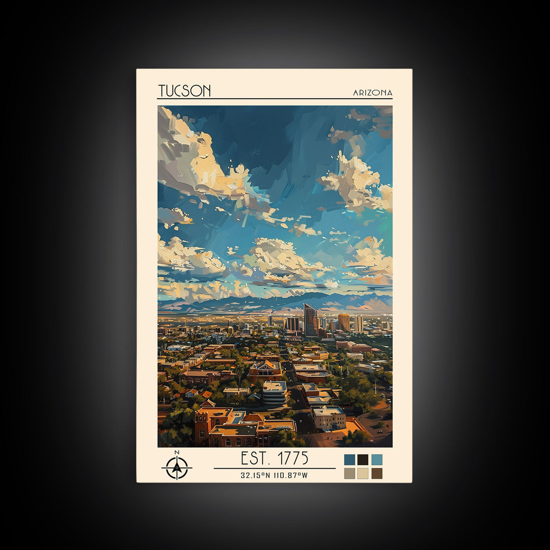 Tucson Travel Poster, Framed Canvas Print, Travel Prints, Landscape Art, Art Print, Retro Wall Art, City Illustration, City Wall Art