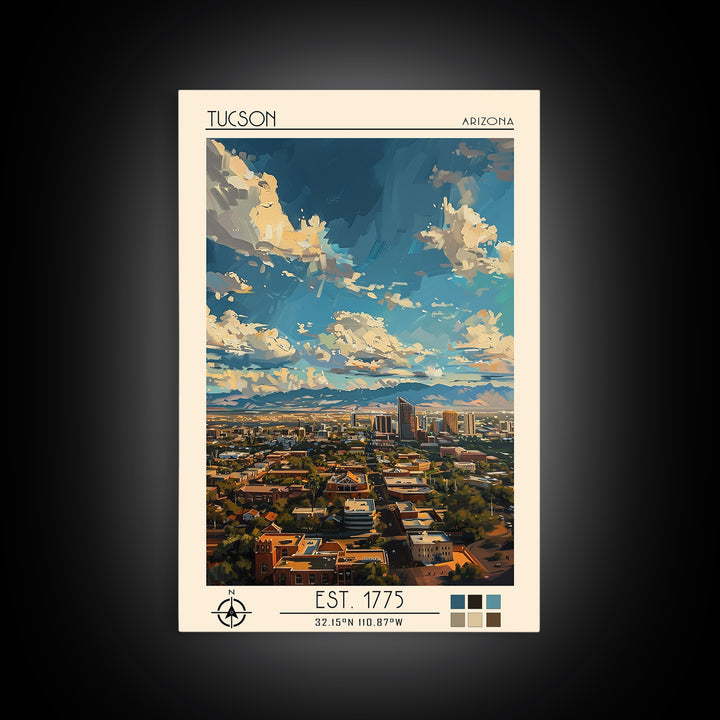 Tucson Travel Poster, Framed Canvas Print, Travel Prints, Landscape Art, Art Print, Retro Wall Art, City Illustration, City Wall Art