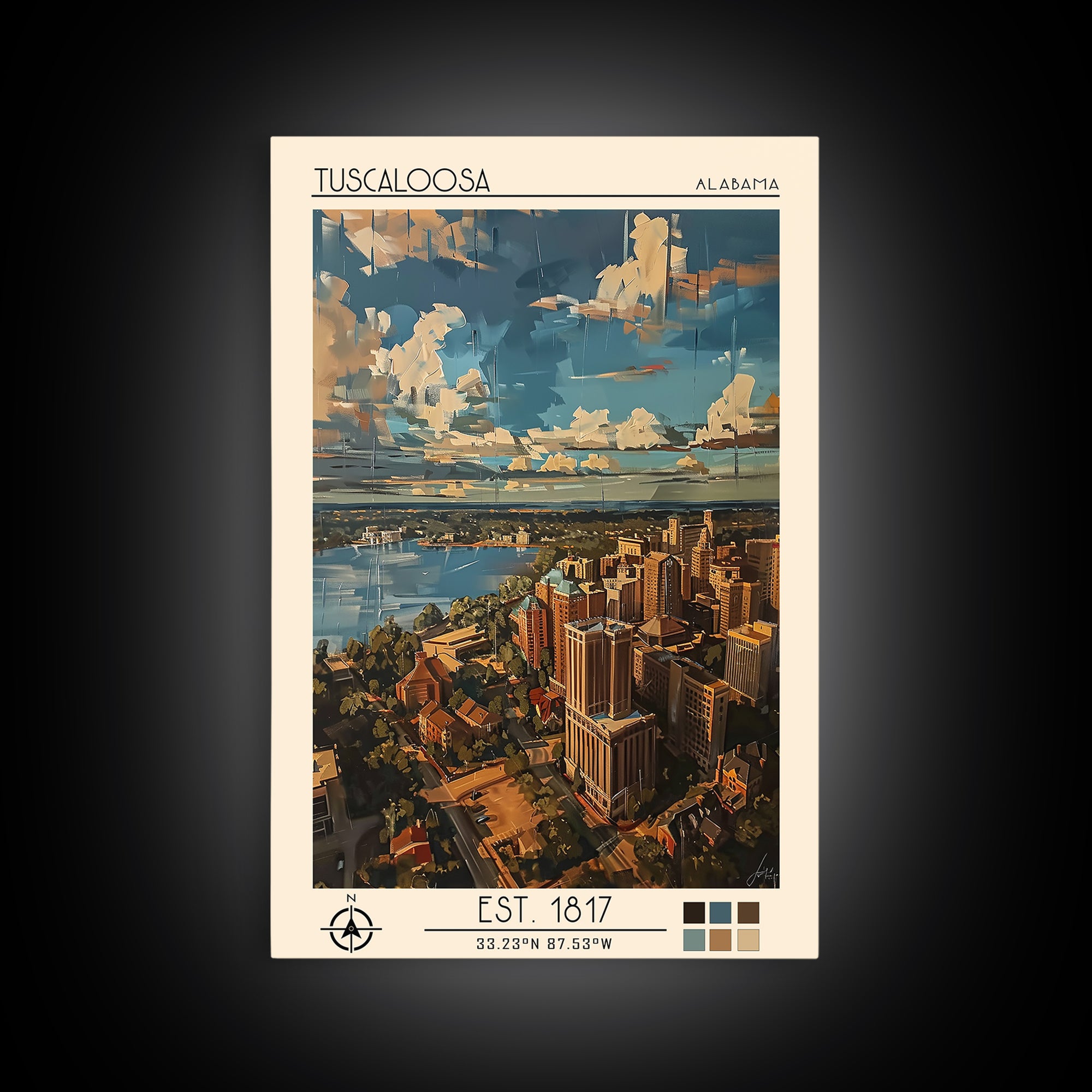 Tuscaloosa Travel Poster, Canvas Print, City Travel Poster, Travel Wall Art, Home Office Decor, Travel Posters, Watercolor Cityscape