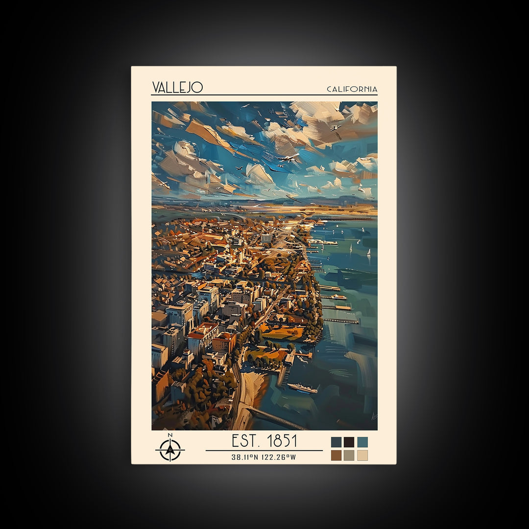Vallejo Travel Poster, Framed Canvas Print, Travel Wall Decor, Minimalist Poster, Travel Print, Mid Century Wall Art, City Art Print