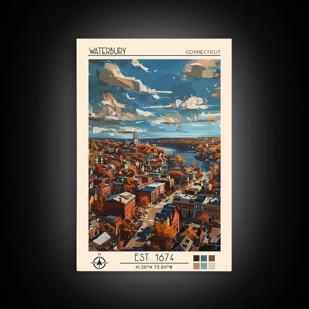 Waterbury Travel Poster, Framed Canvas Print, Travel Prints, Landscape Art, Vintage Travel, City Wall Art, Wall Art, Travel Wall Art