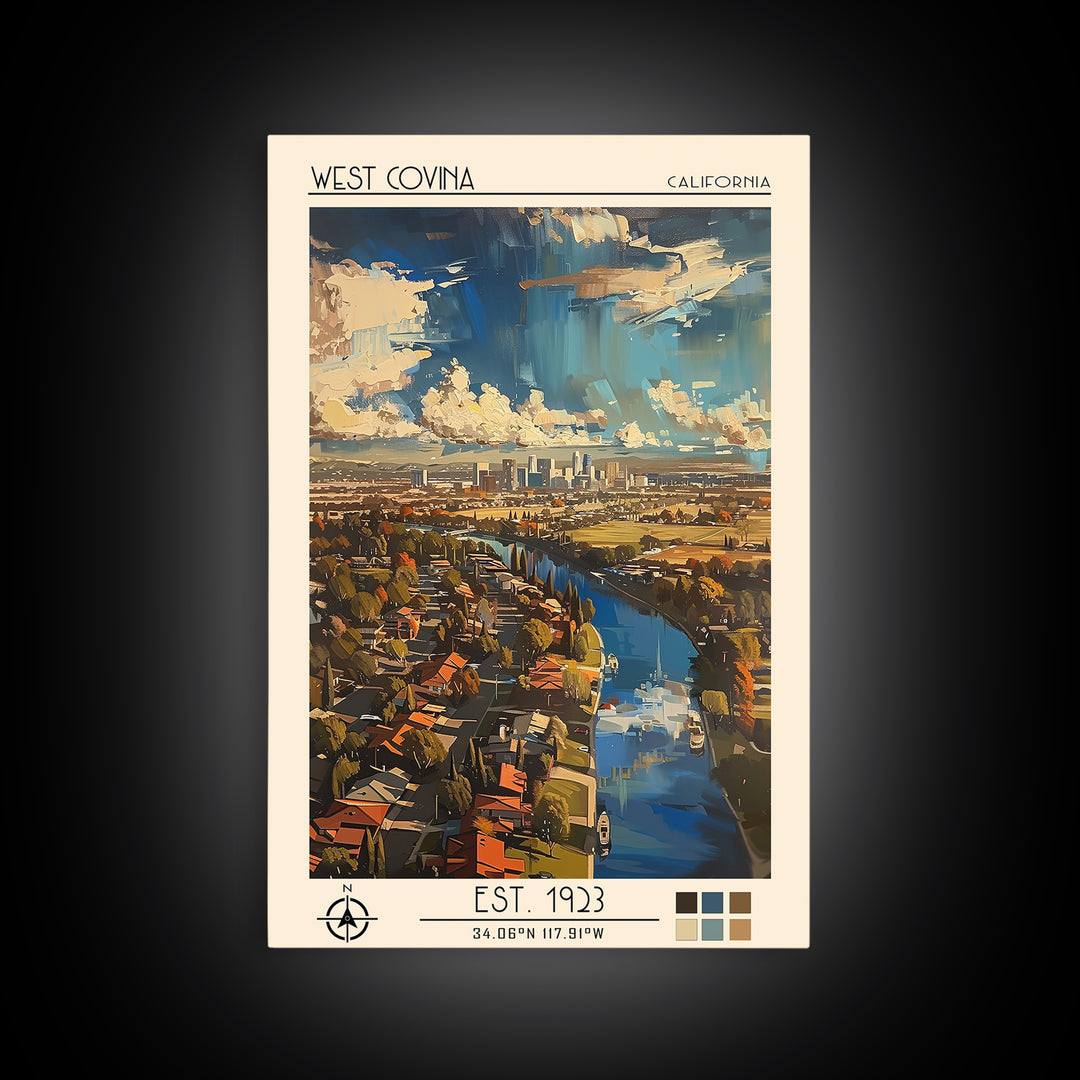 West Covina Travel Poster, Framed Canvas Print, Retro Travel Poster, City Wall Art, Poster Art, Vintage Travel Print, Vintage Travel
