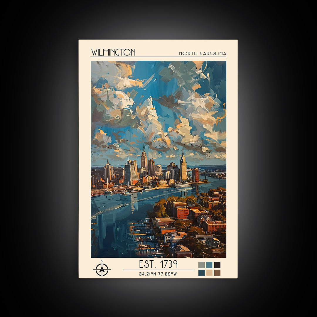 Wilmington Travel Poster, Framed Canvas Print, Travel Prints, Landscape Art, Travel Posters, Vintage City Poster, City Travel Poster
