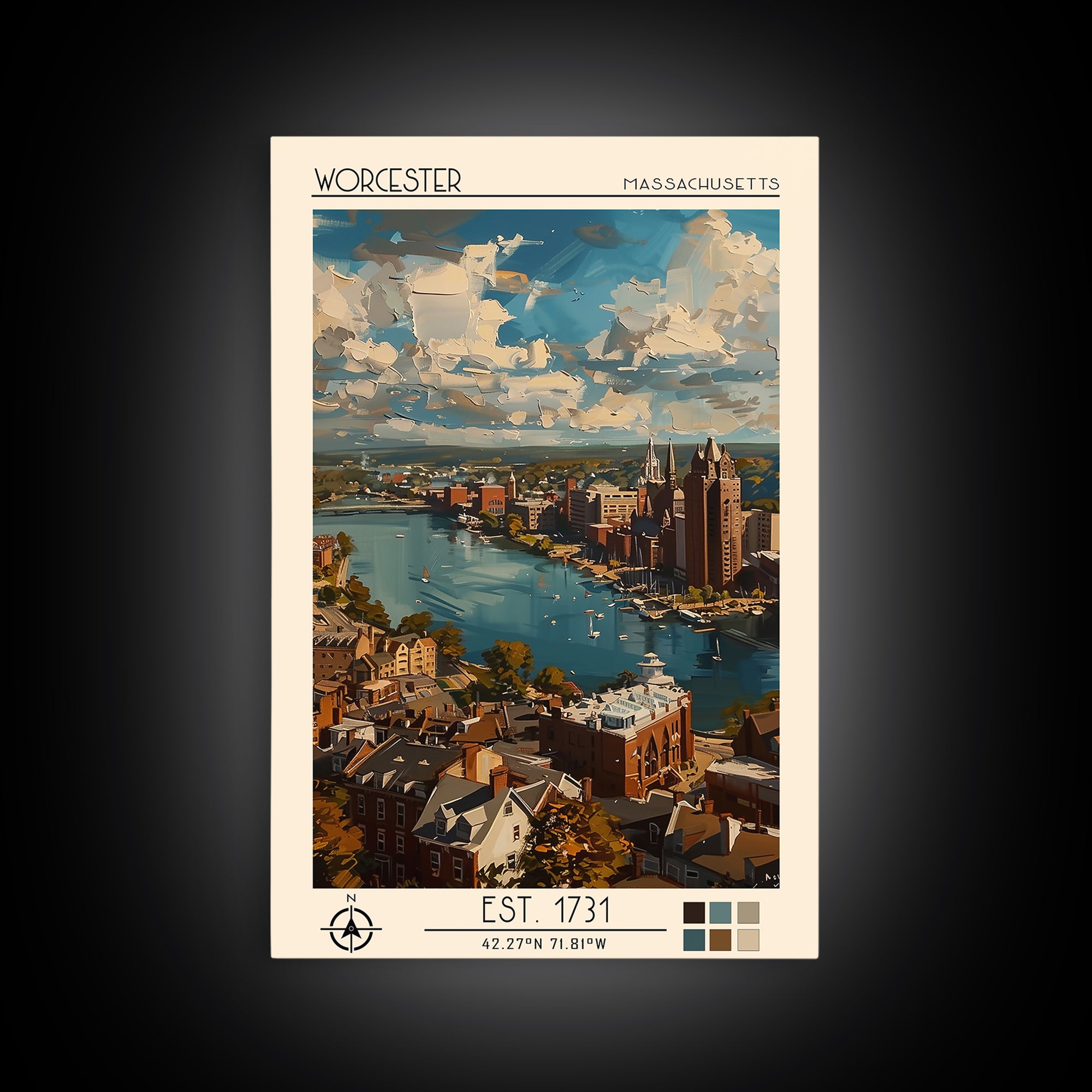 Worcester Travel Poster, Framed Canvas Print, Vintage Travel Print, City Wall Art, Retro Travel Poster, Poster Print, Fine Art Print