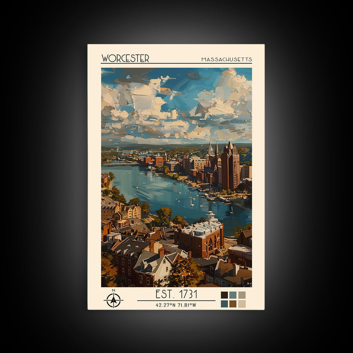 Worcester Travel Poster, Framed Canvas Print, Vintage Travel Print, City Wall Art, Retro Travel Poster, Poster Print, Fine Art Print