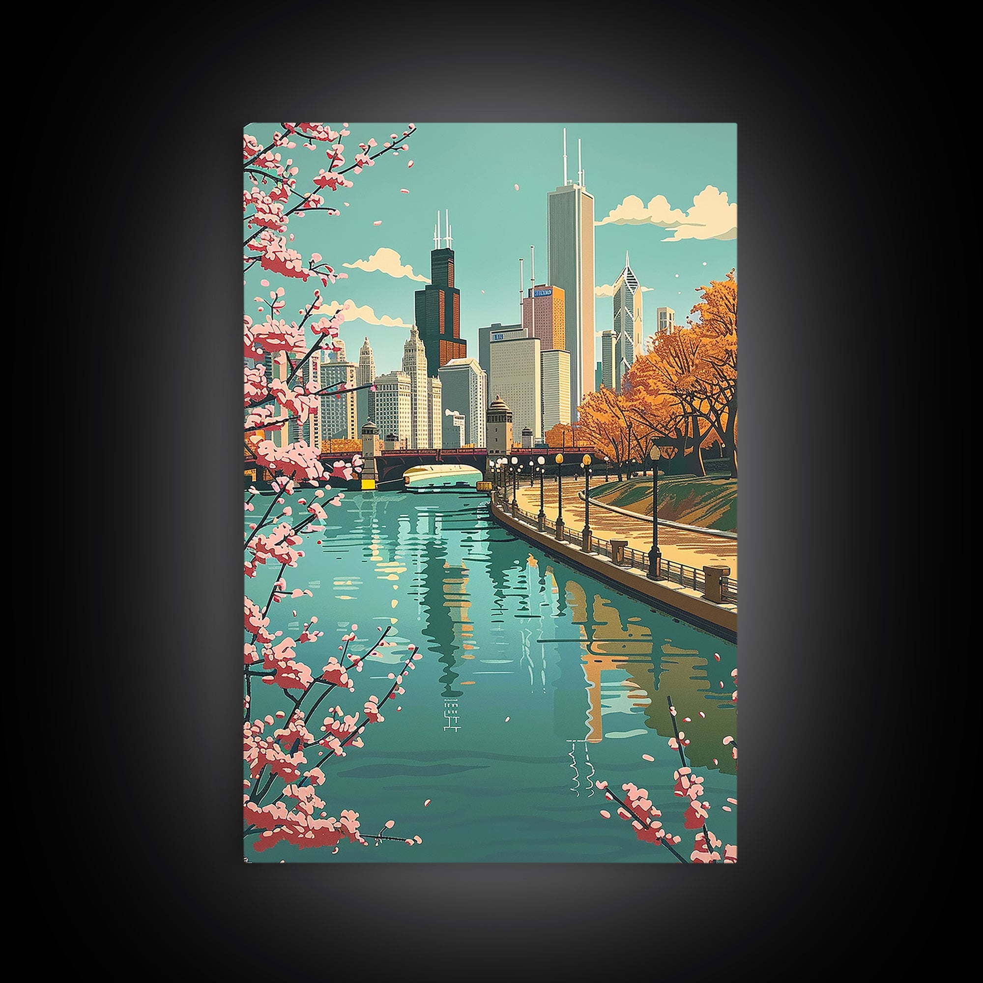 Chicago Travel Poster, Framed Canvas Print, City Art Print, Travel Wall Art, Travel Posters, Vintage Poster, Travel Prints, Wall Art